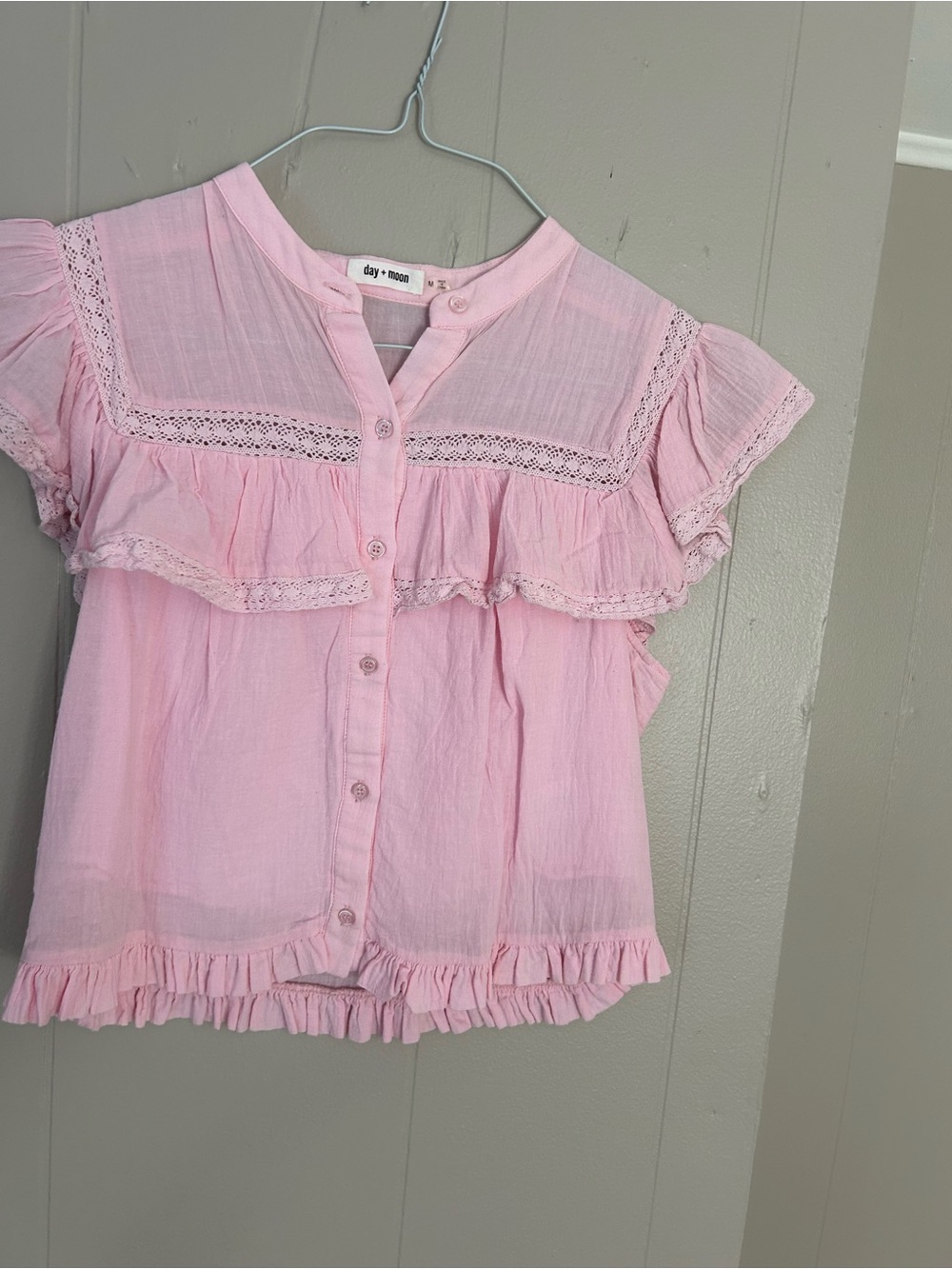 Day + Moon Pink Lace-Trim Ruffle Blouse